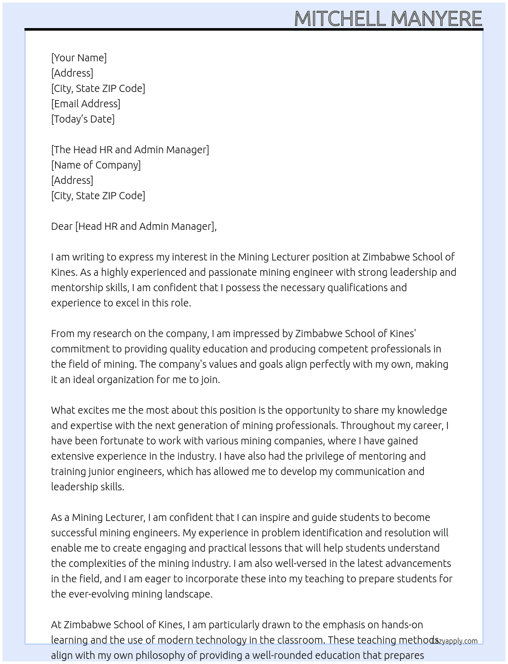 Cover letter for mining lecturer - LazyApply