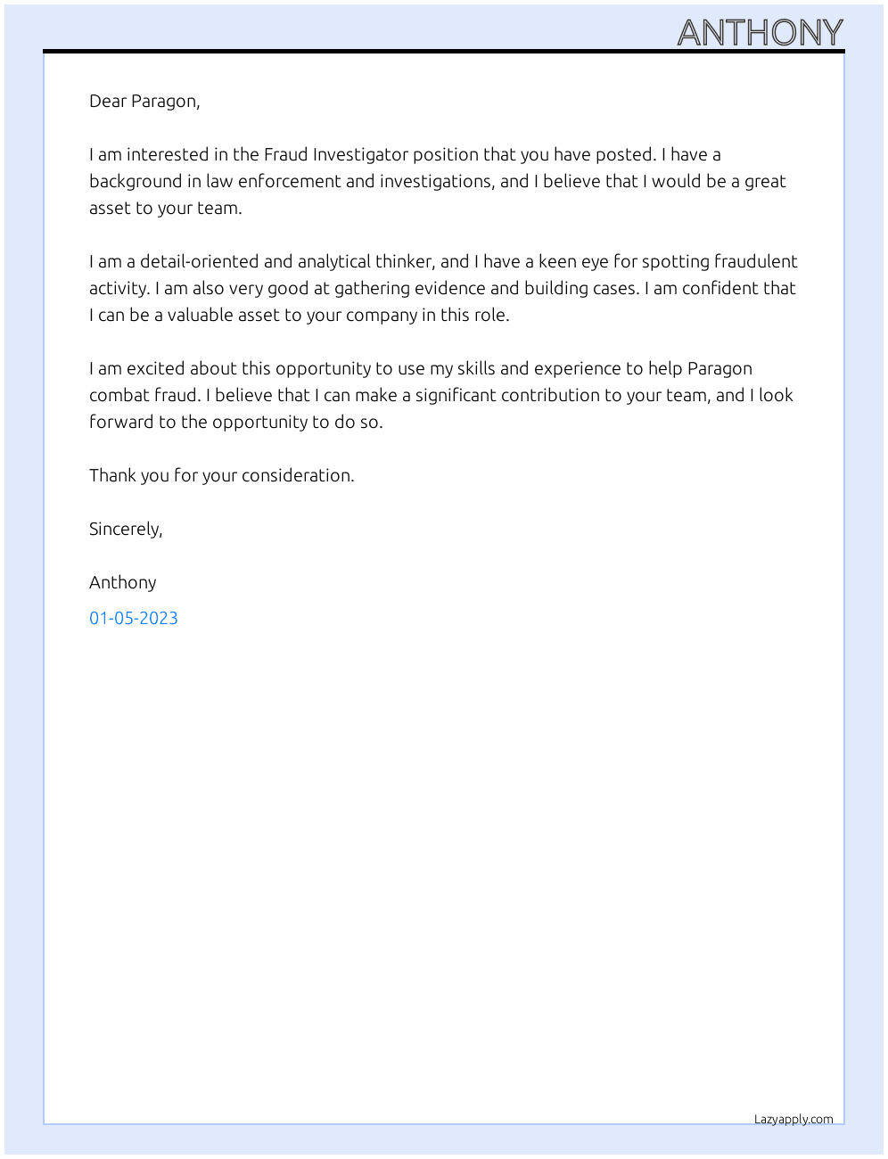 Fraud Investigator At Paragon Cover Letter