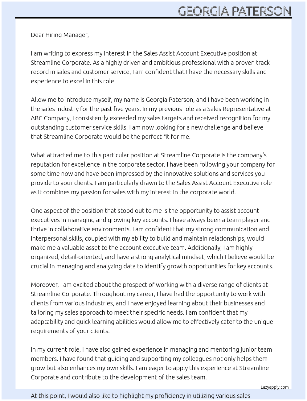Sales Assist Account Executive At Streamline Corporate Cover Letter
