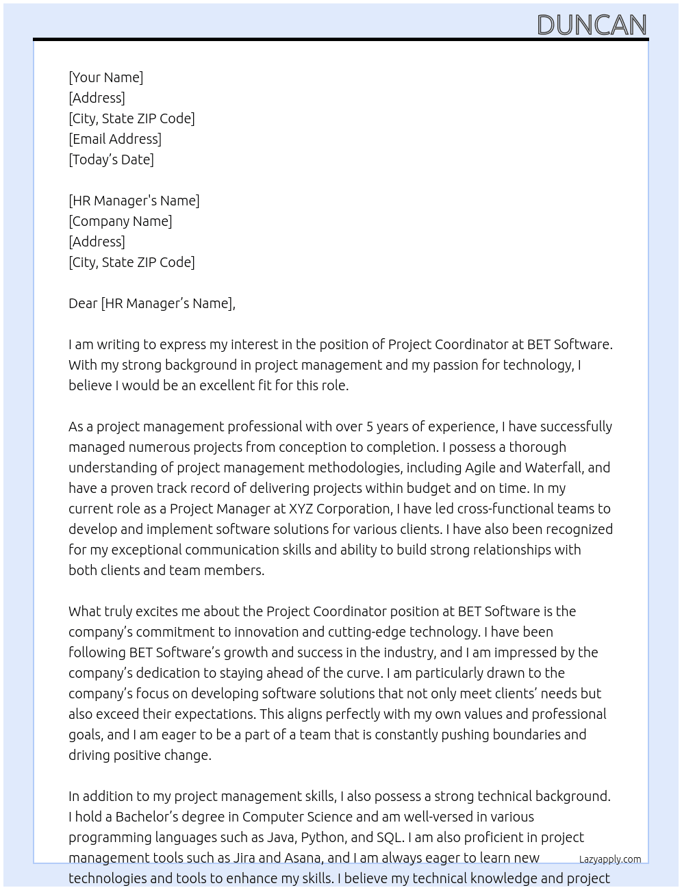 Project Coordinator At BET Software Cover Letter