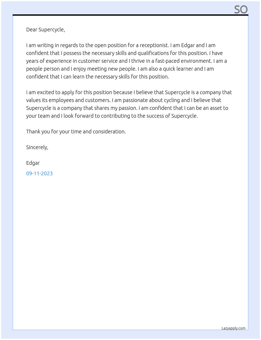 receptionist At Supercycle Cover Letter