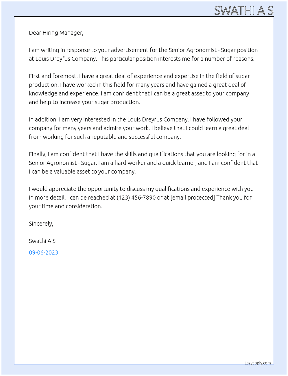 Senior Agronomist - Sugar At Louis Dreyfus Company Cover Letter