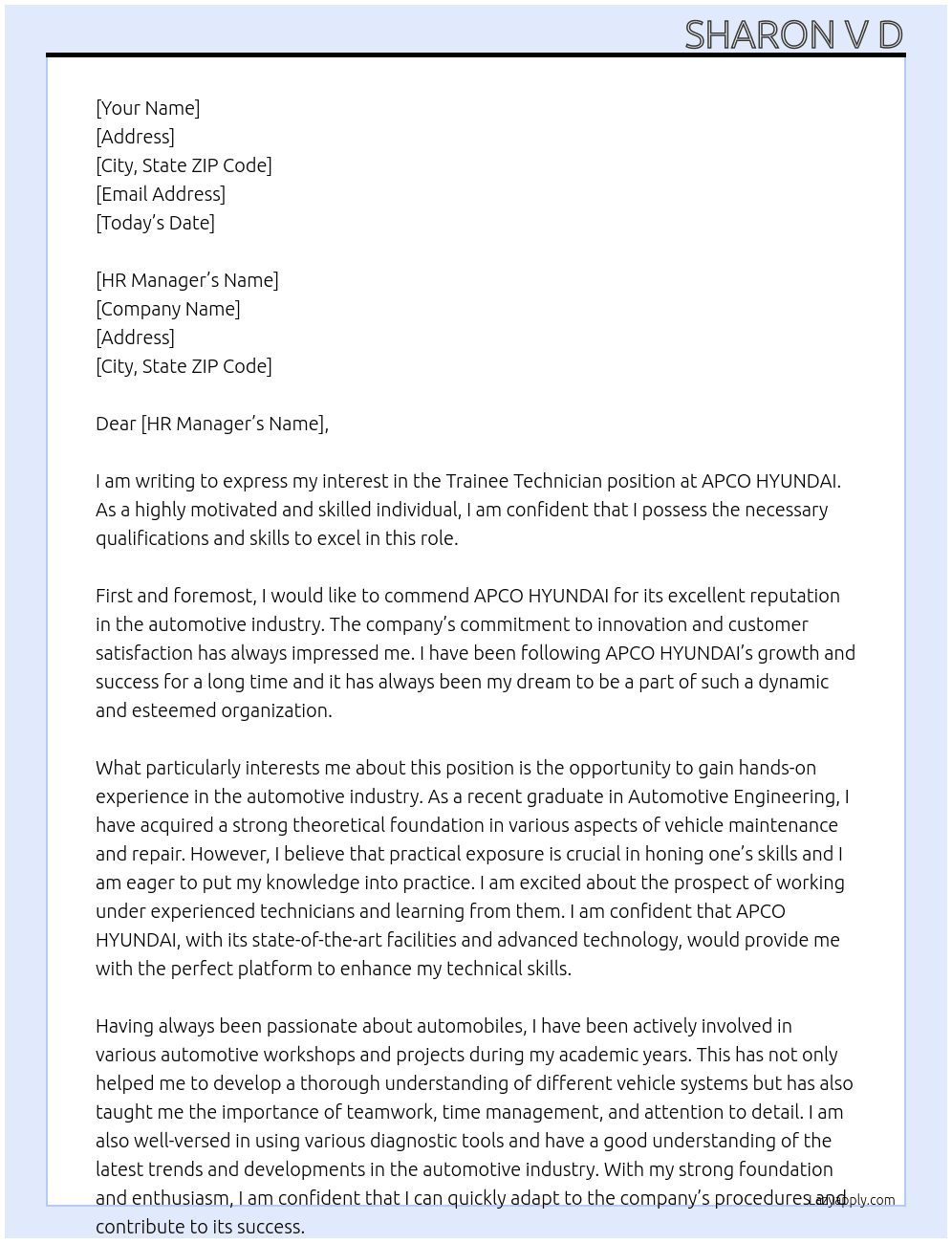 Trainee Technician  At APCO HYUNDAI Cover Letter