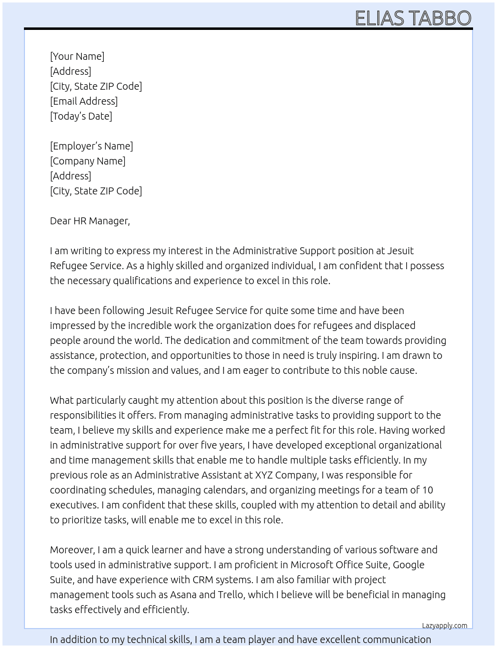 Administrative support At  Jesuit Refugee Service Cover Letter