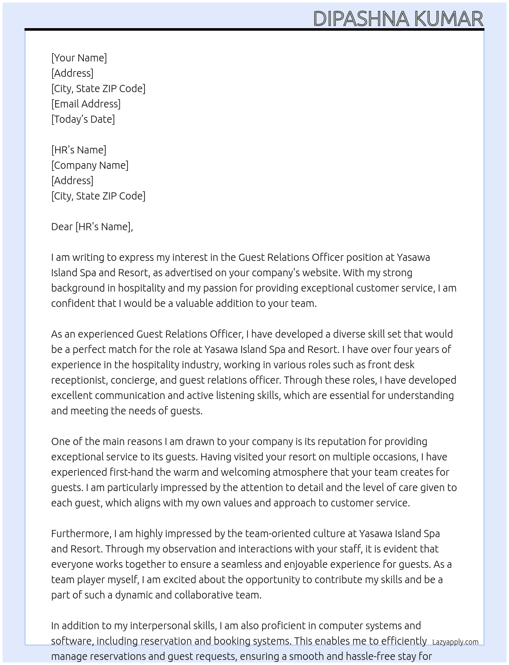 Guest relations officer  At Yasawa island spa and resort Cover Letter