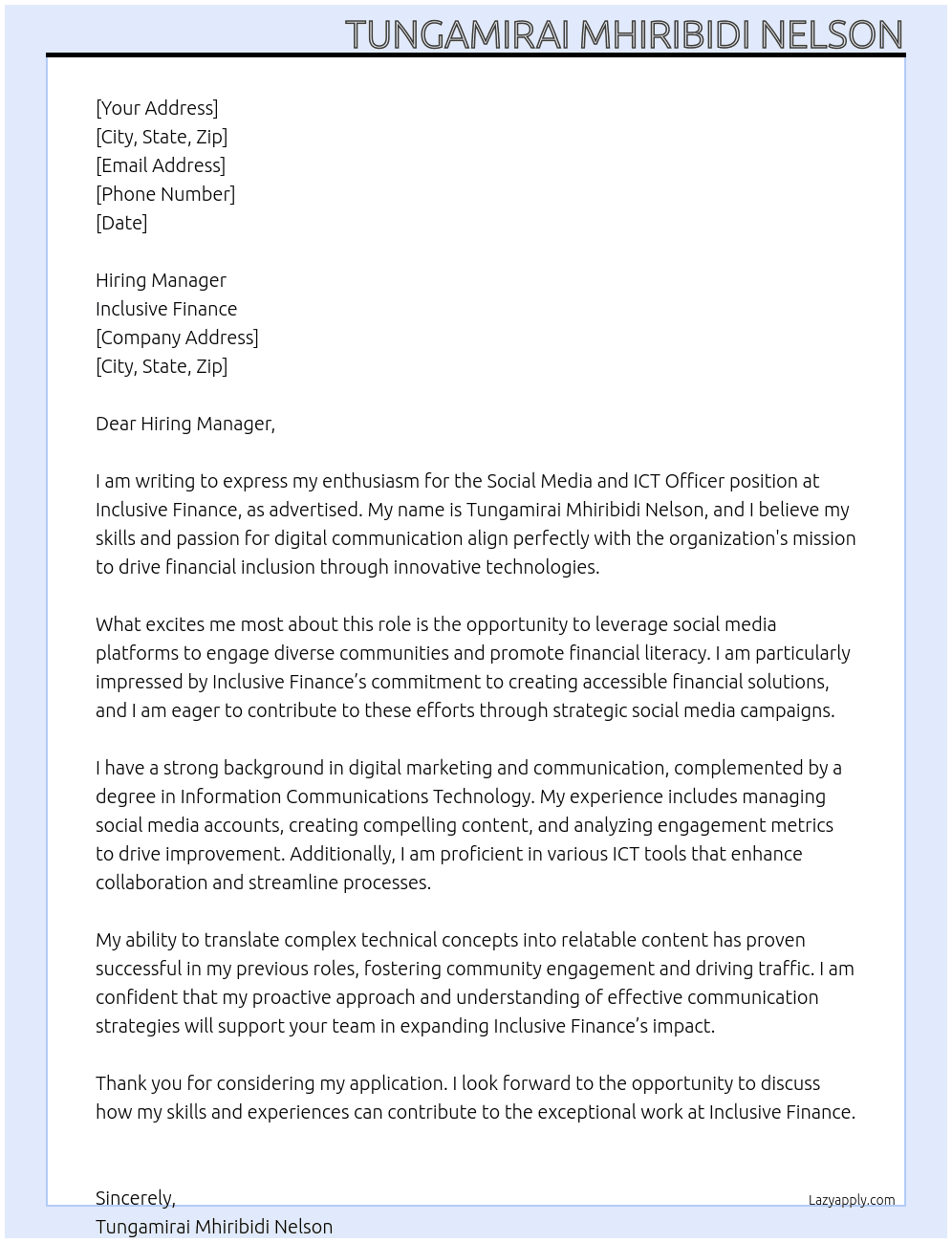Social Media and ICT Officer At Inclusive Finance Cover Letter