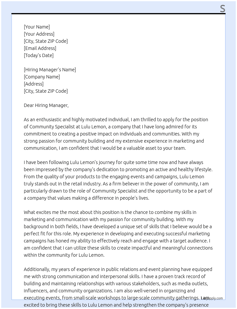 Community Specialist At Lulu Lemon Cover Letter