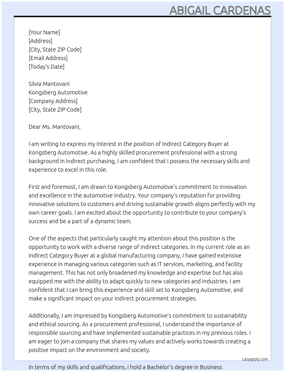 Indirect Category Buyer At Kongsberg Automotive Cover Letter
