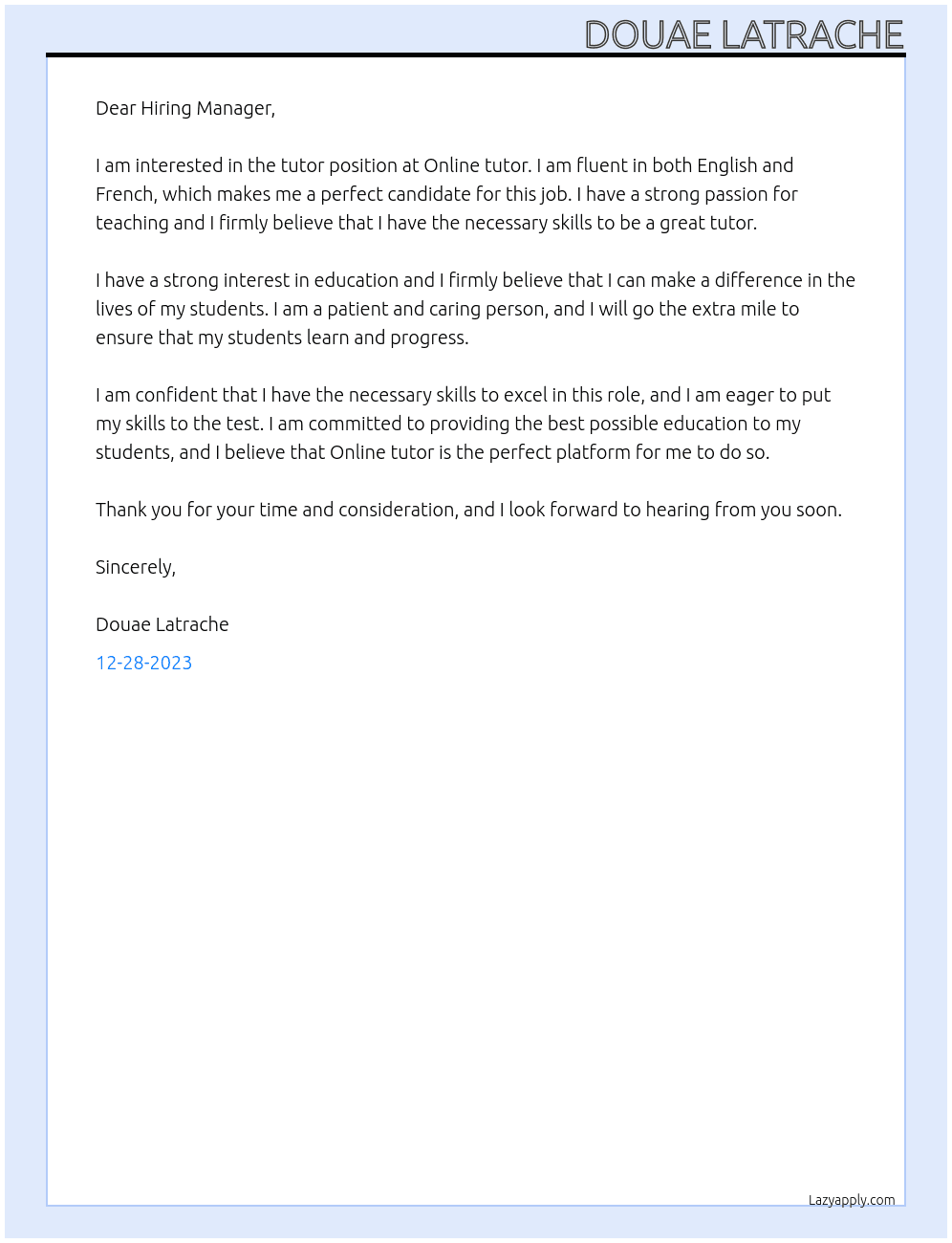 Tutor At Online tutor Cover Letter