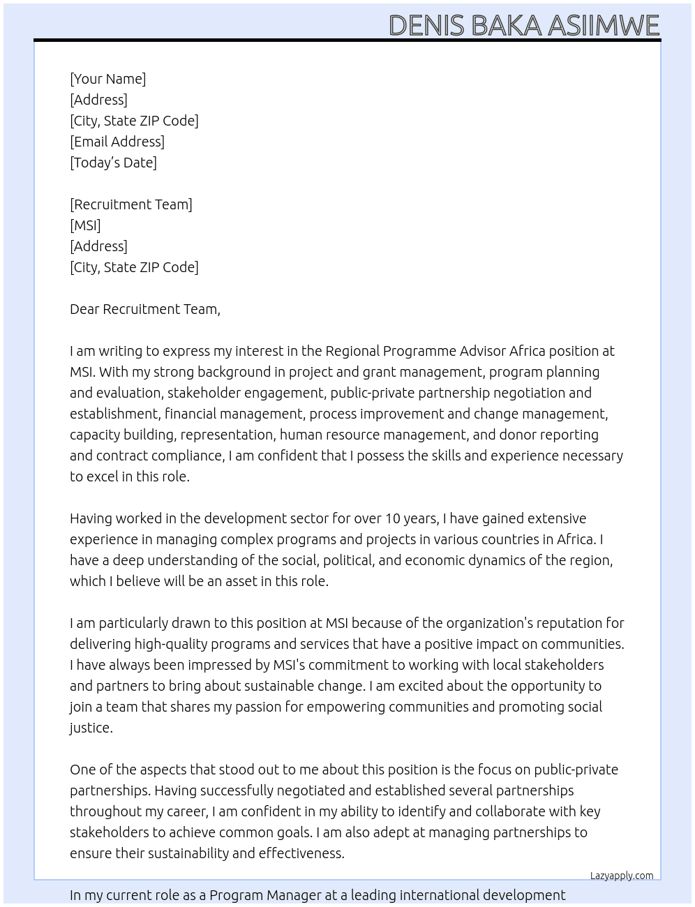 Regional Programme Advisor Africa At MSI Cover Letter