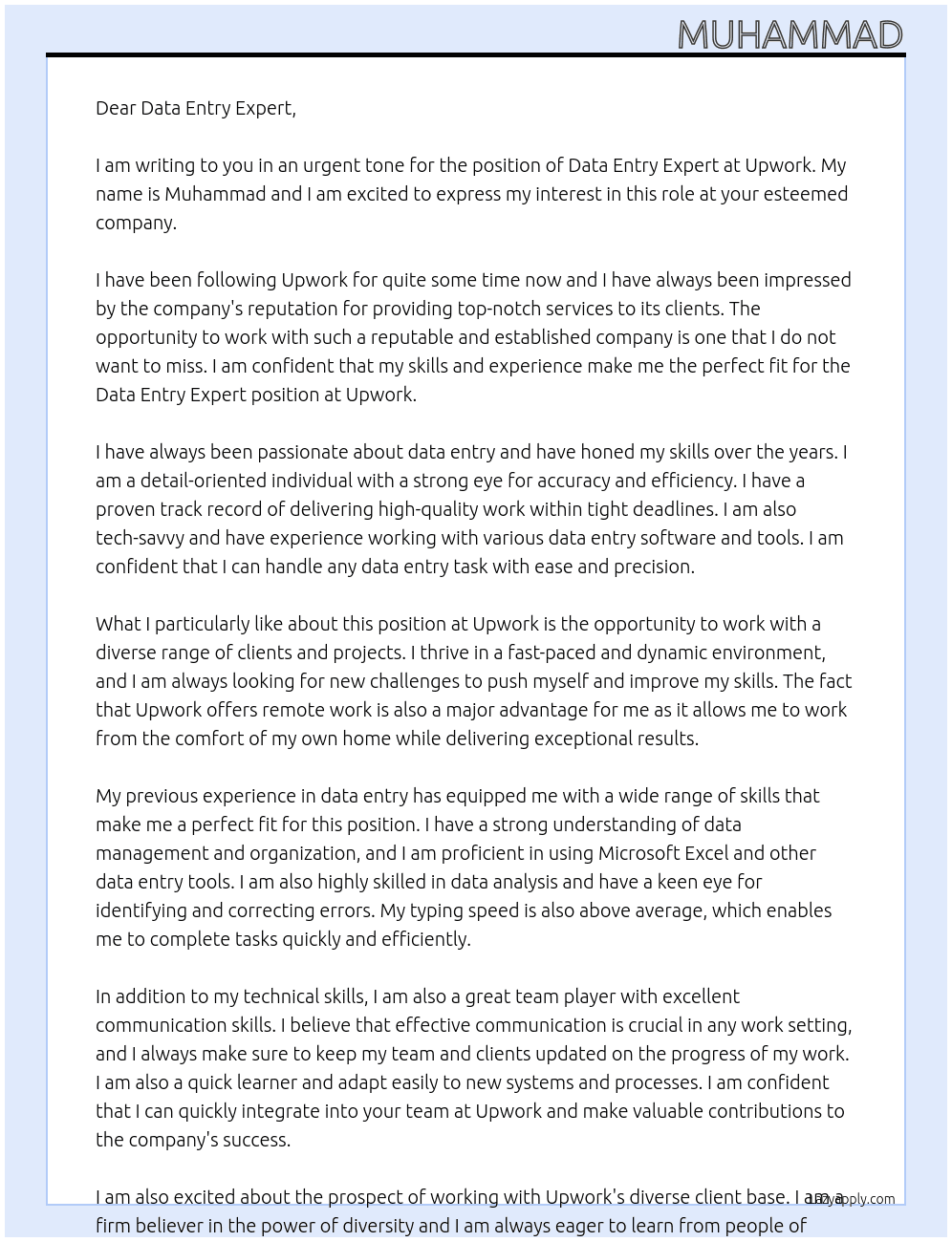Data entry expert At Upwork Cover Letter