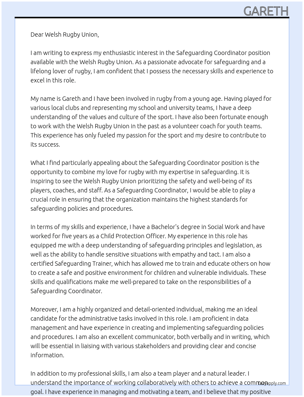 Safeguarding coordinator  At Welsh rugby union  Cover Letter