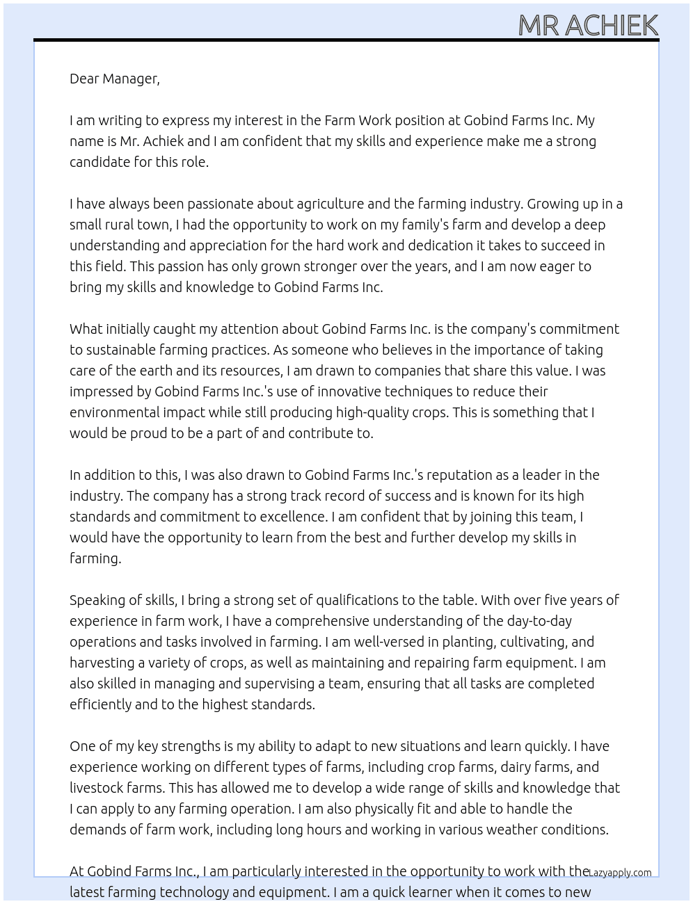 Farm Work At Gobind Farms Inc Cover Letter