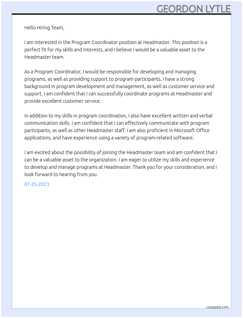 Program Coordinator At Headmaster Cover Letter