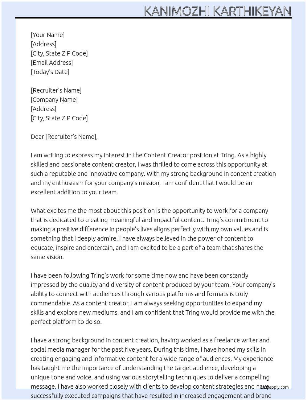 Content creator  At Tring Cover Letter