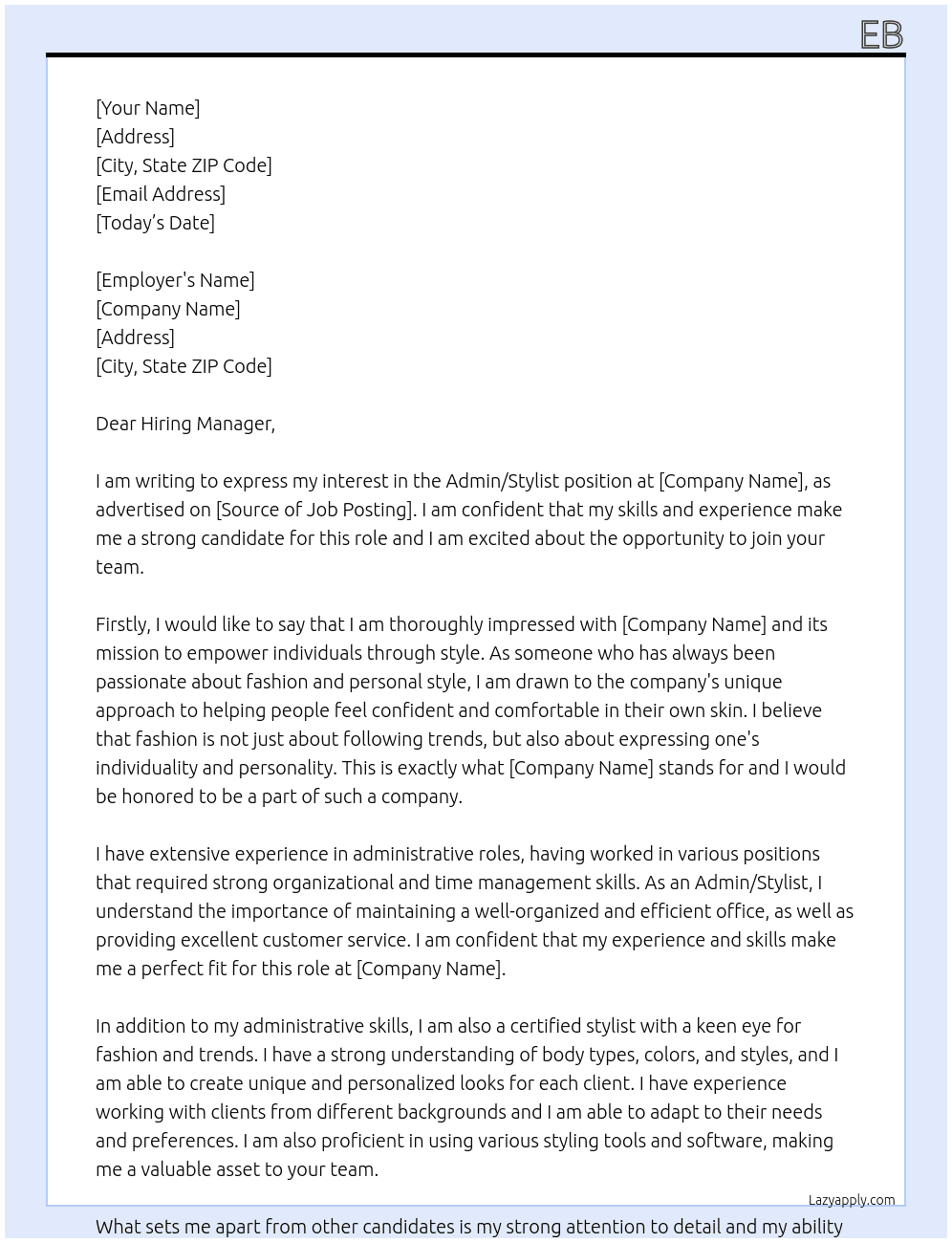 Cover letter for admin/stylist - LazyApply
