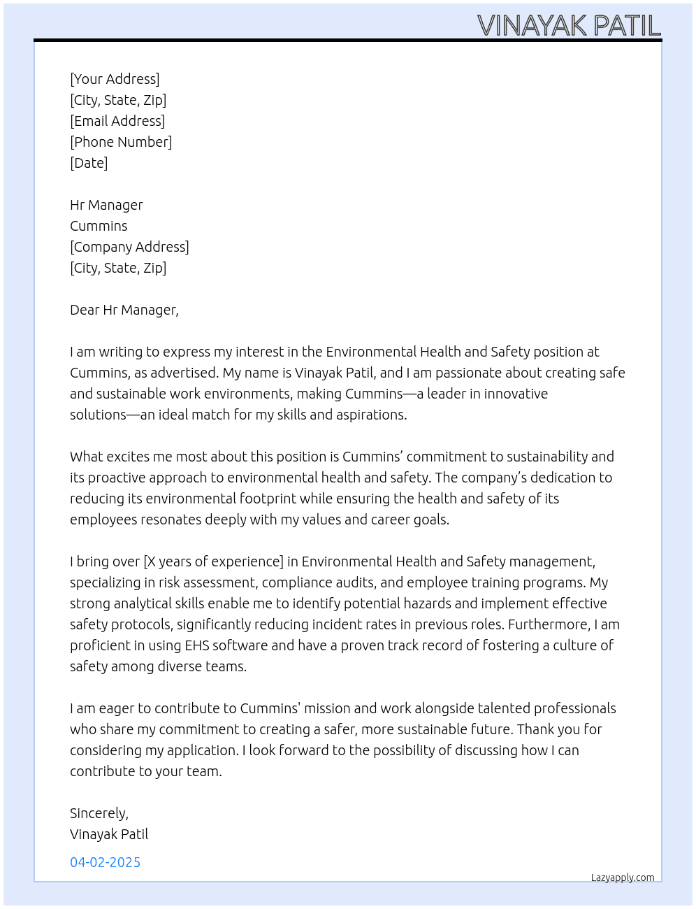 Environmental Health and safety At Cummins Cover Letter