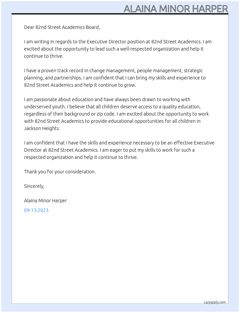 Executive Director At 82nd Street Academics Cover Letter