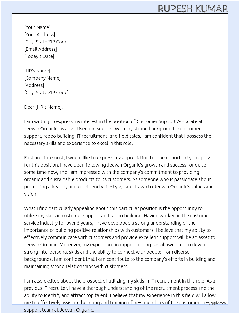 Customer support associate  At Jeevan organic Cover Letter
