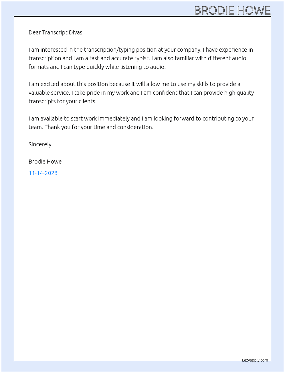 Transcription / Typing At Transcript Divas Cover Letter