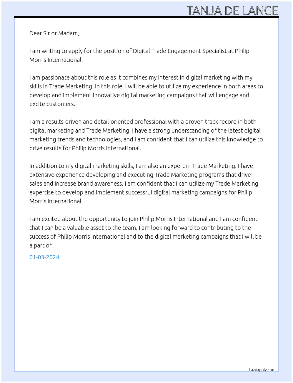 Digital Trade Engagement Specialist At Philip Morris International Cover Letter