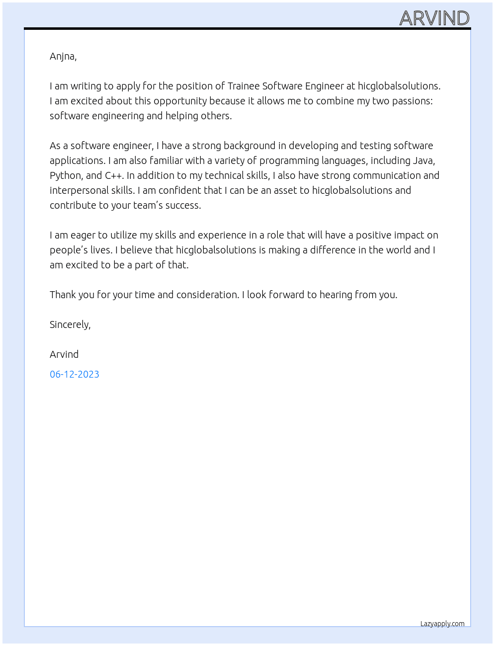 Trainee software engineer At hicglobalsolutions Cover Letter