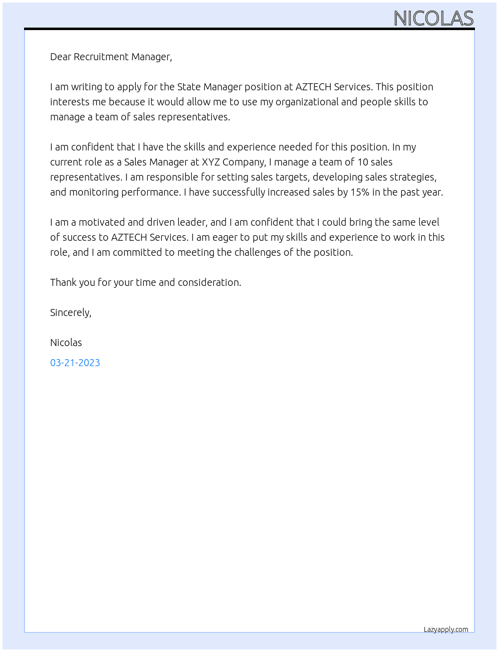 State Manager At AZTECH Services Cover Letter