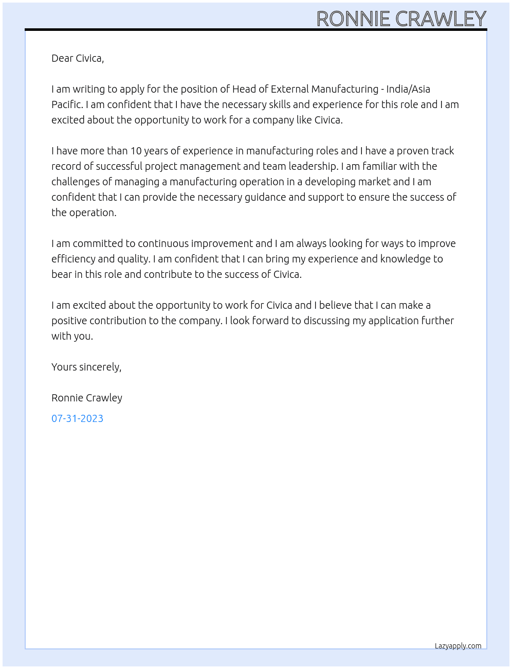 Head of External Manufacturing - India/Asia Pacific At Civica Cover Letter