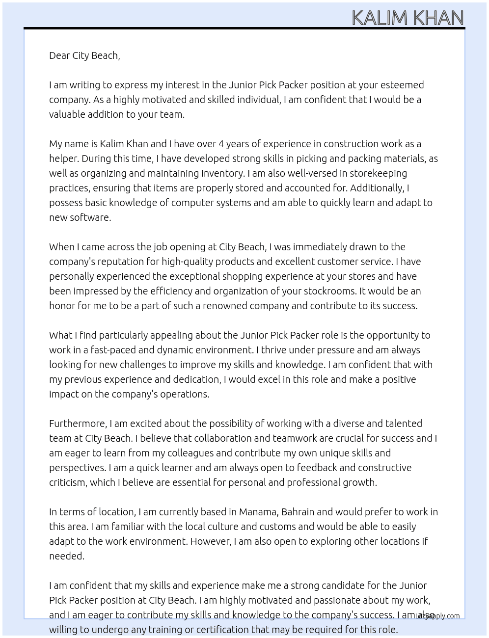 Junior pick packer  At City beach Cover Letter