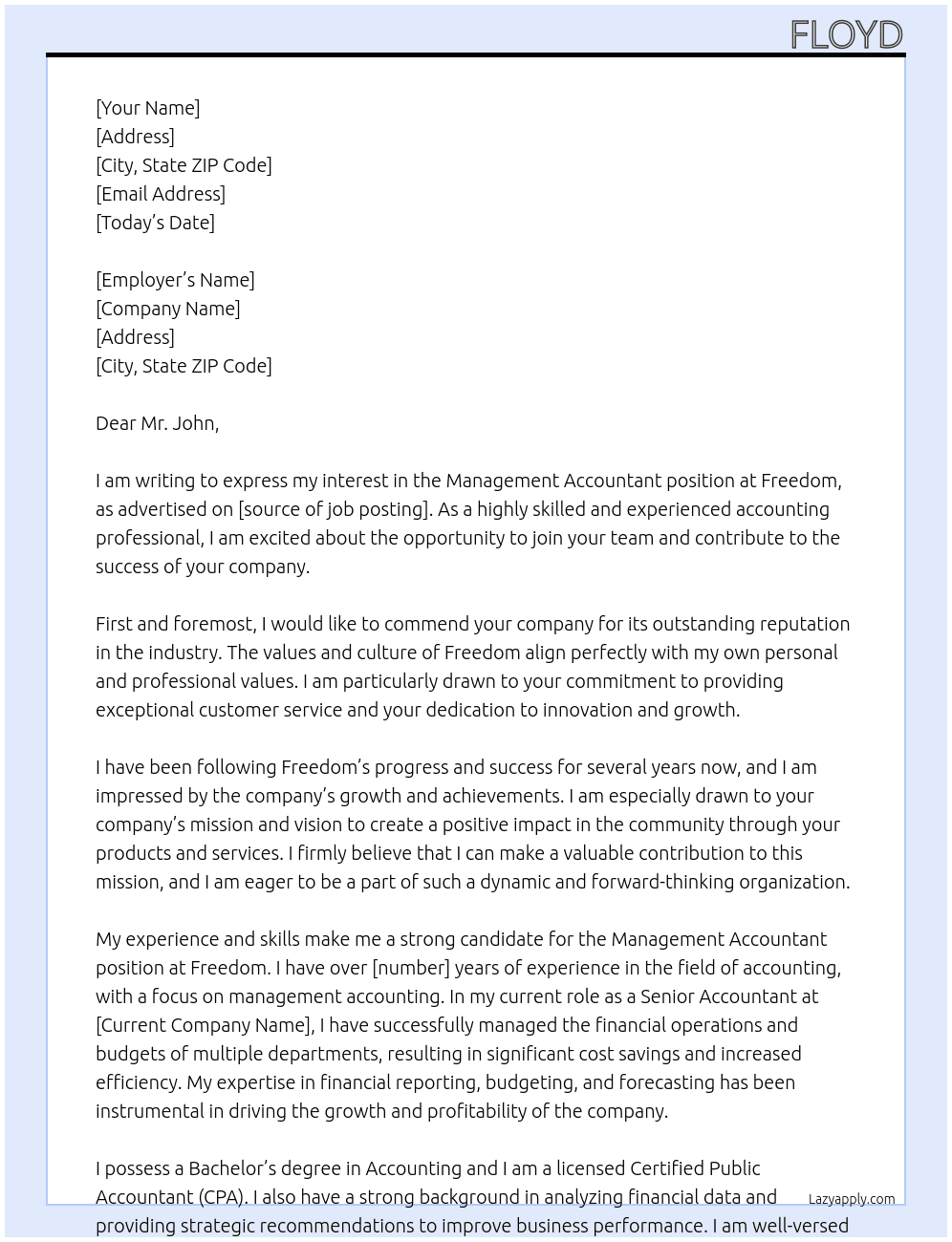 Management Accountant At Freedom Cover Letter