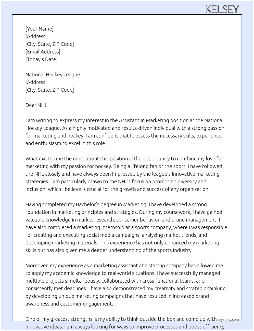 Assistant in Marketing At National Hockey League  Cover Letter