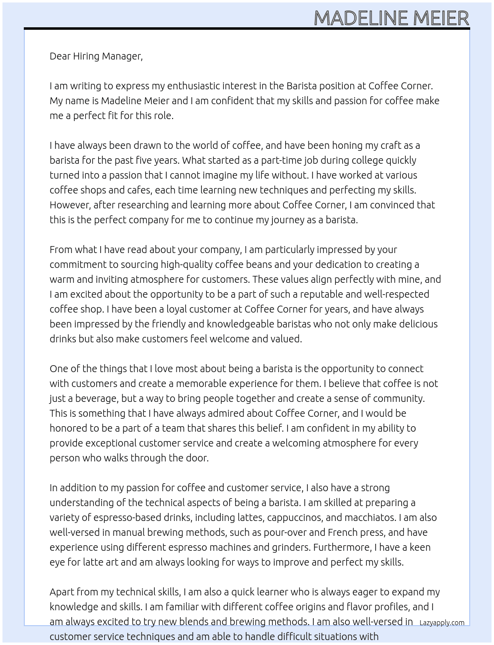 barista At Coffee Corner Cover Letter