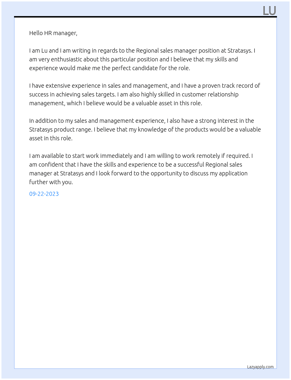 Regional sales manager At Stratasys Cover Letter