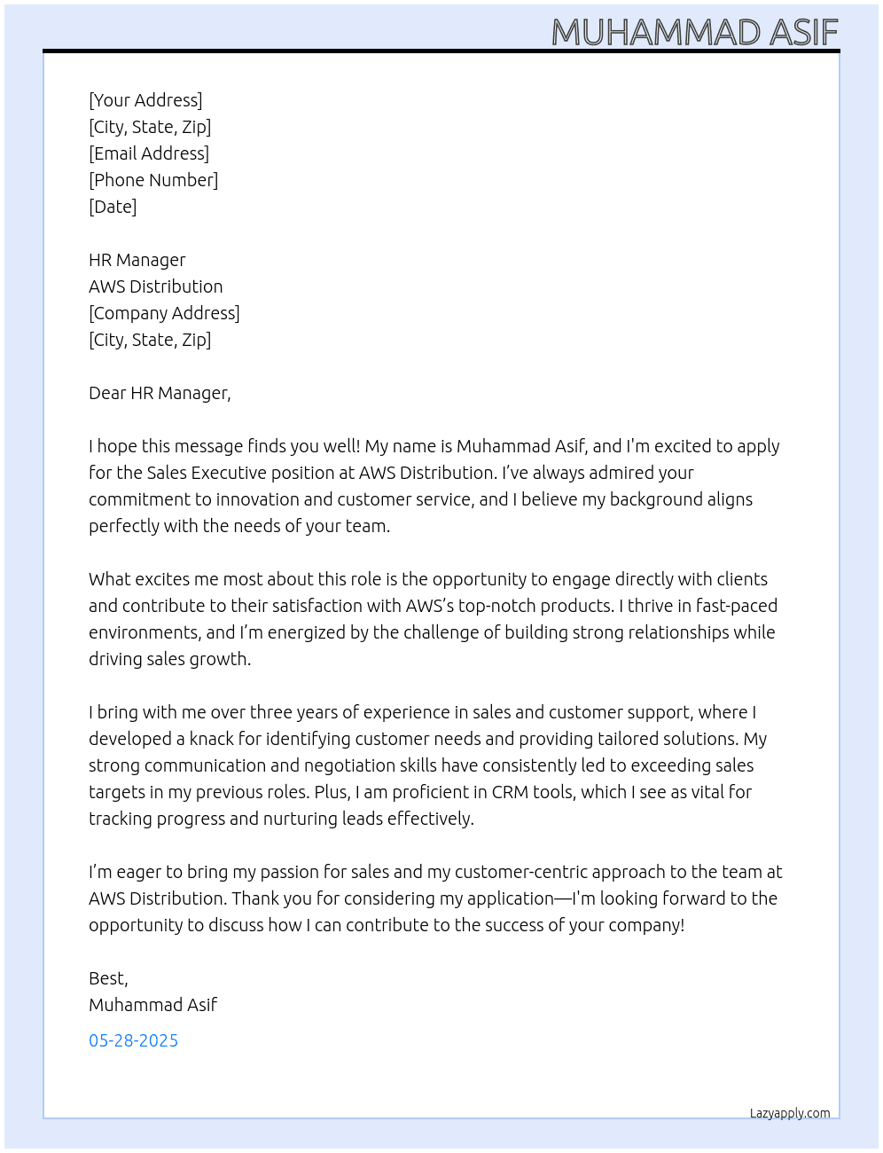 Sales Executive At AWS Distribution Cover Letter