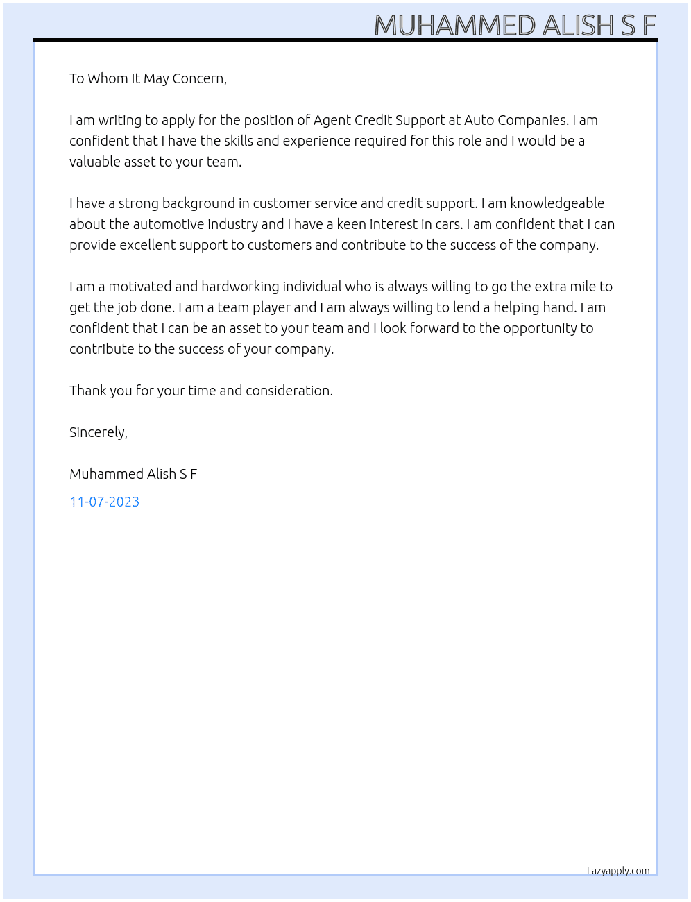 Agent  Credit Support, Auto Companies At Dubai Islamic Bank Cover Letter