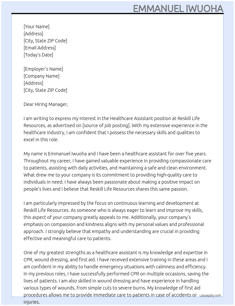 healthcare assistant  At Reskill life resources  Cover Letter