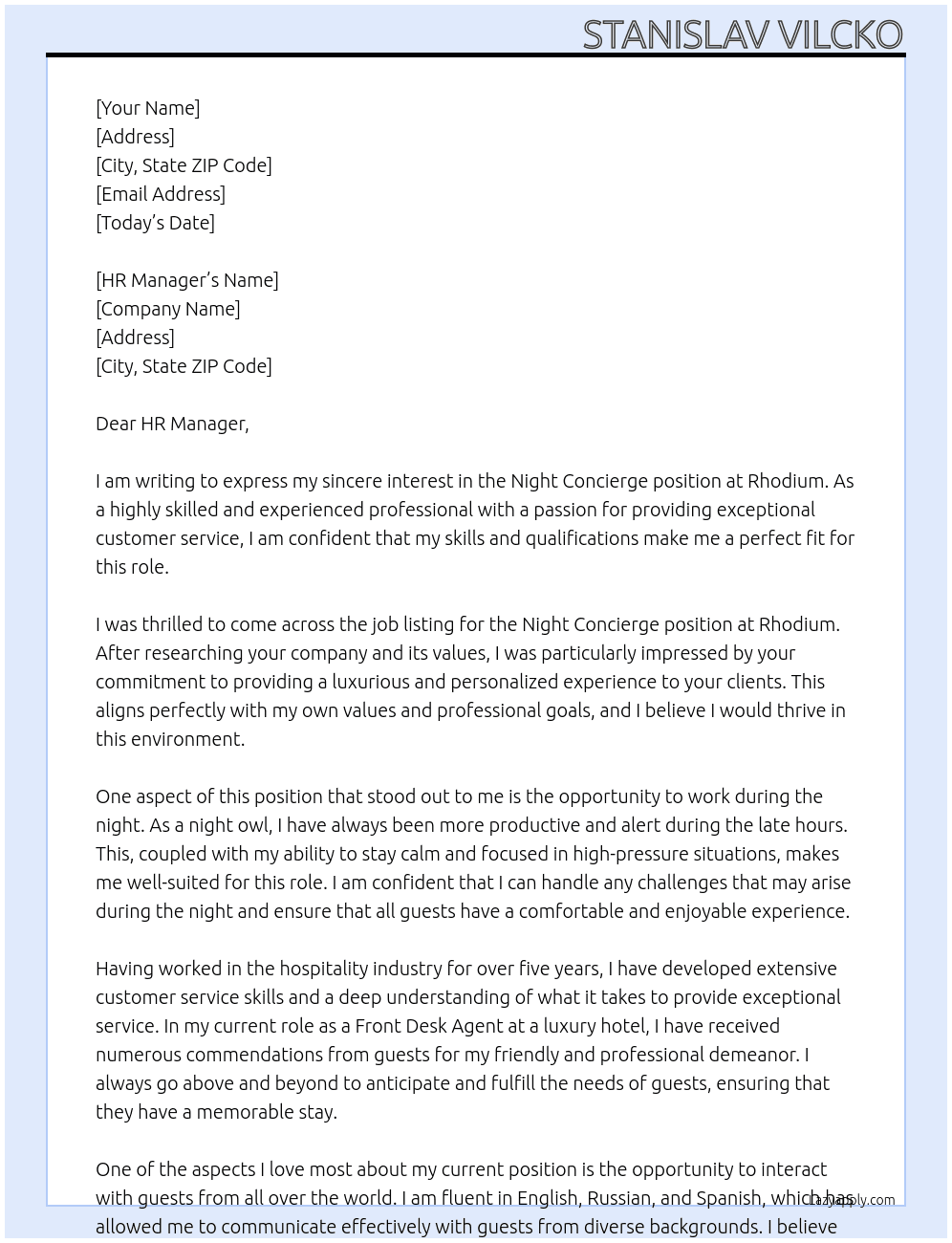 Night Concierge At Rhodium Cover Letter