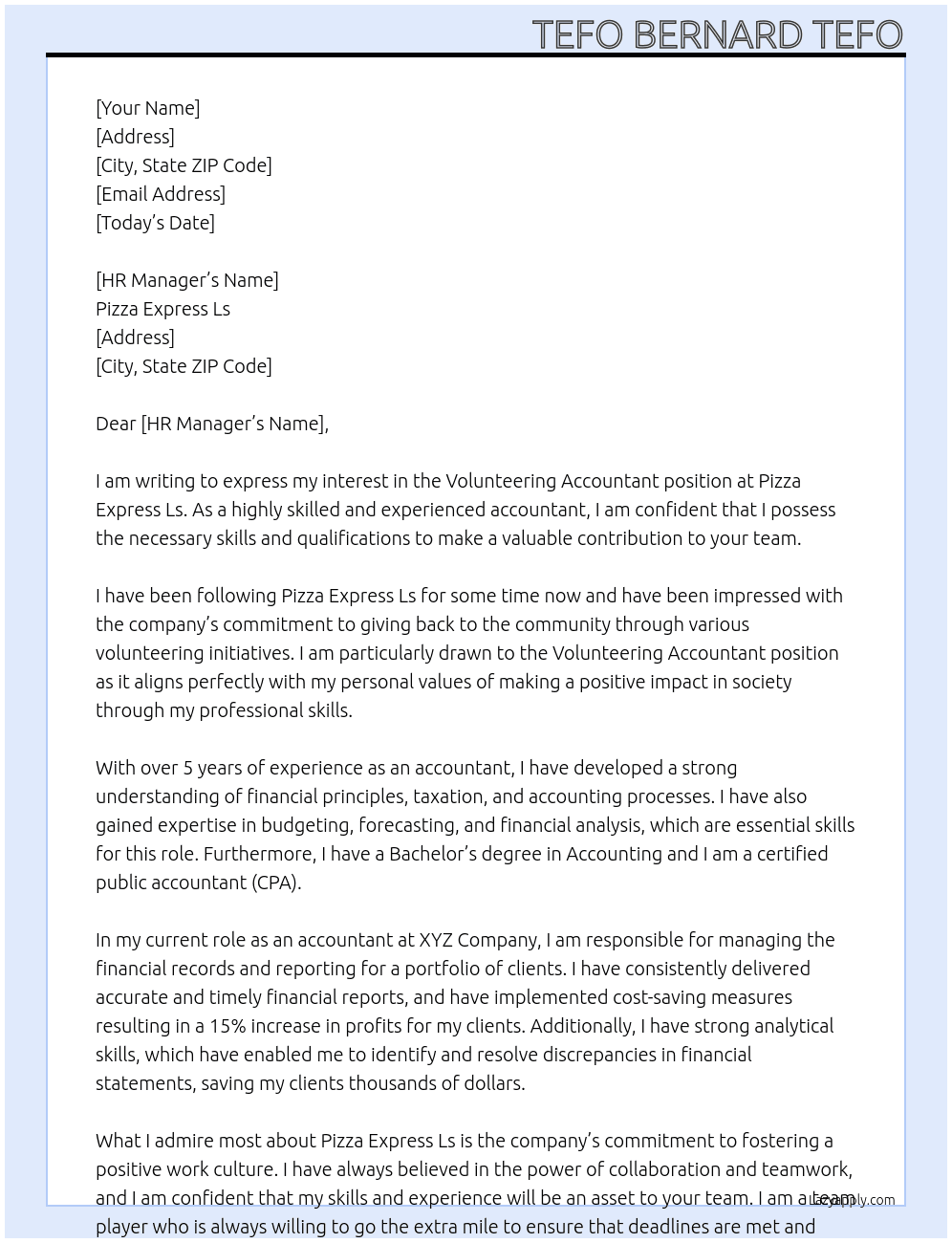 Volunteering Accountant At Pizza Express Ls Cover Letter