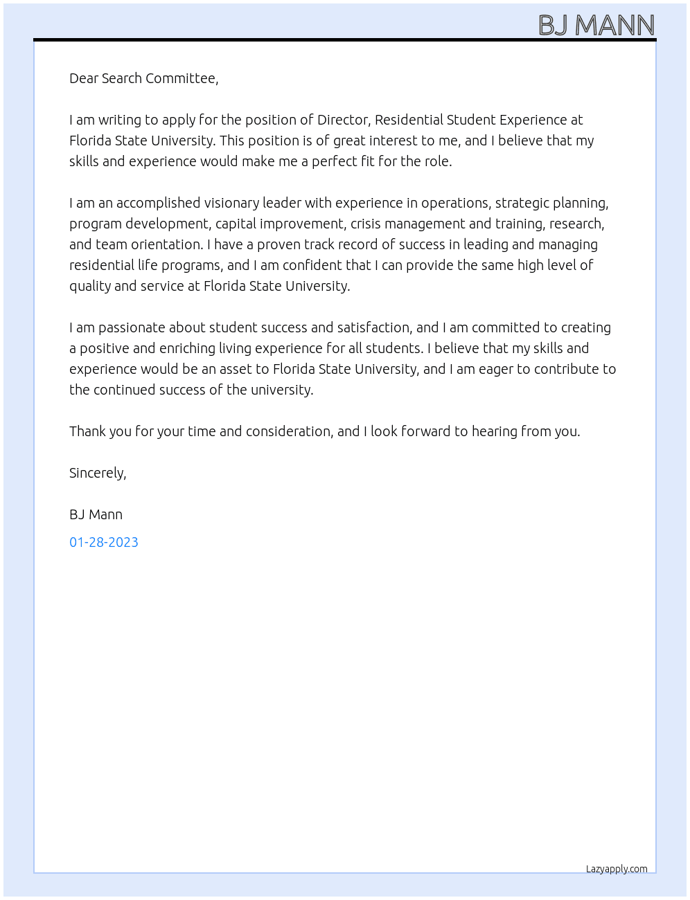 Cover letter for director, residential student experience - LazyApply