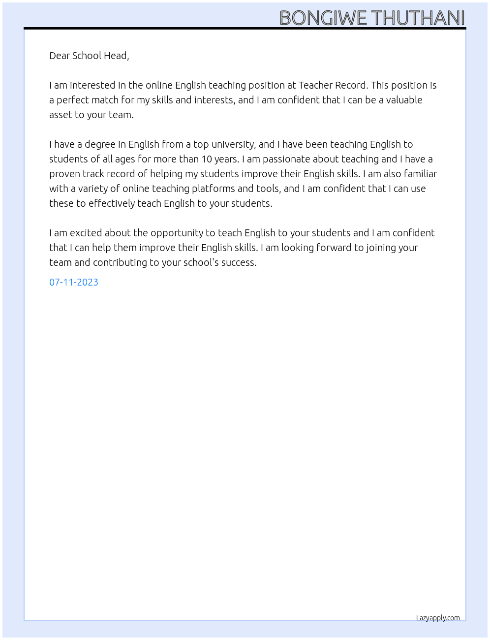 online English teacher At Teacher Record Cover Letter