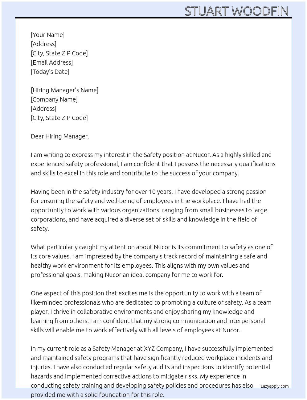 Safety At Nucor Cover Letter