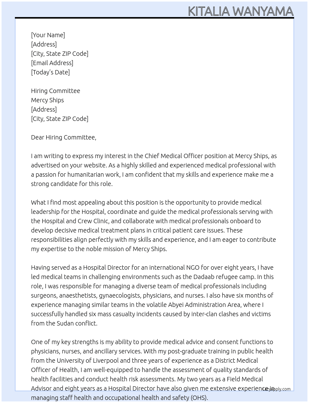 Chief Medical Officer At Mercy Ships Cover Letter