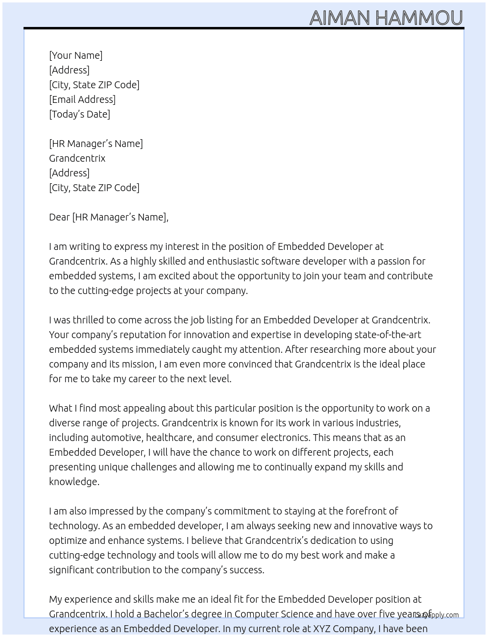 Embedded developer At Grandcentrix Cover Letter