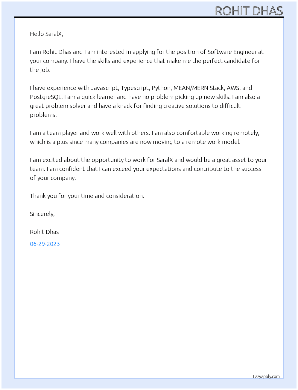 Software Engineer At SaralX Cover Letter