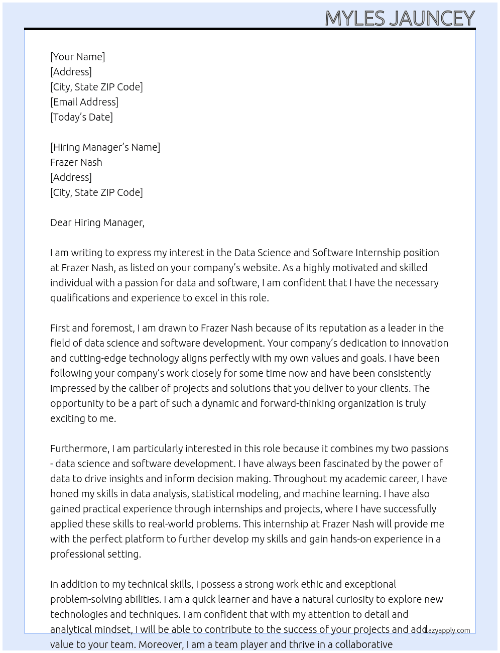 Data Science and software Internship At Frazer Nash Cover Letter