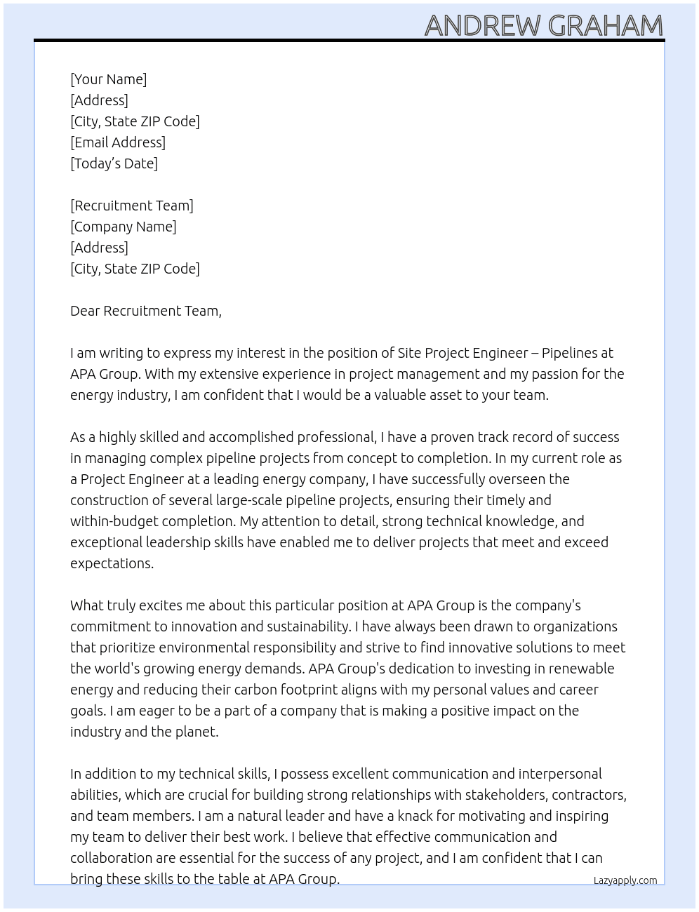 Site Project Engineer - Pipelines At APA Group Cover Letter