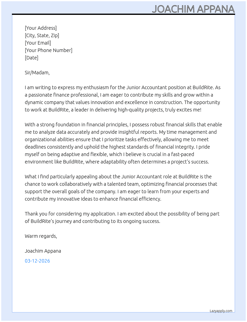 Junior Accountant At BuildRite Cover Letter