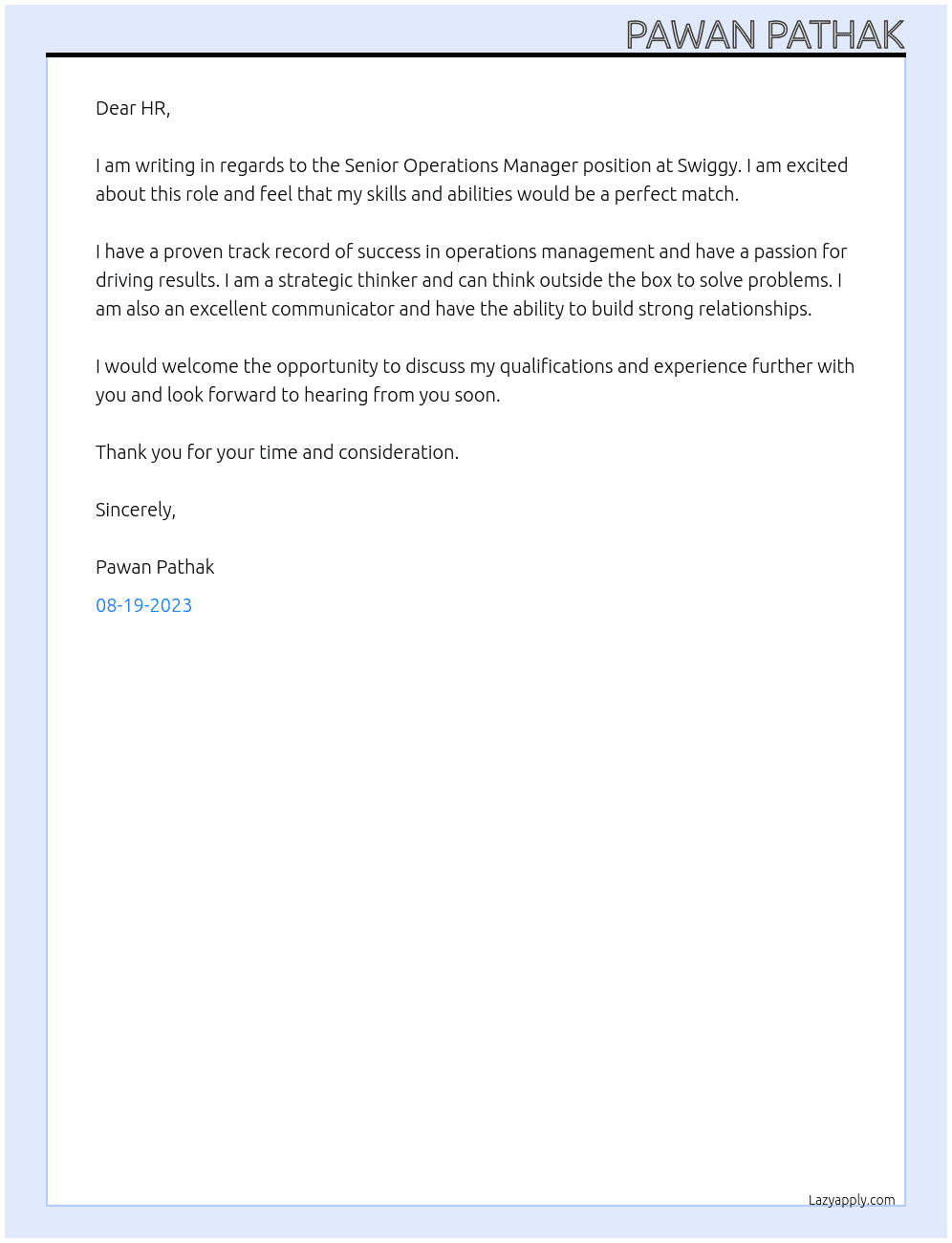 Senior Operations Manager At Swiggy Cover Letter