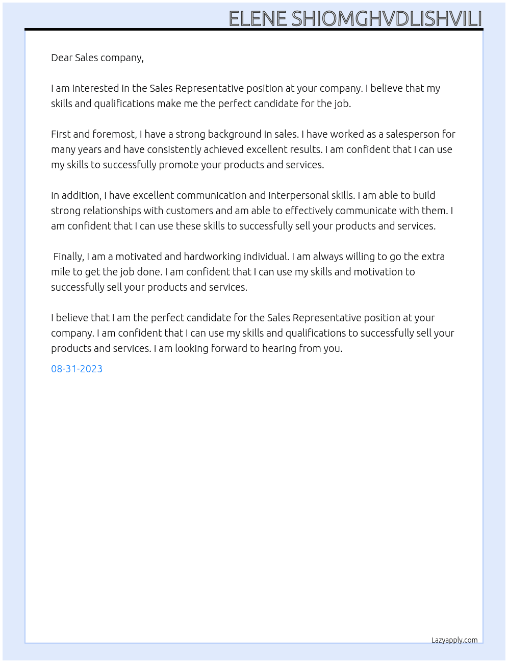 Sales Representative At Sales company Cover Letter