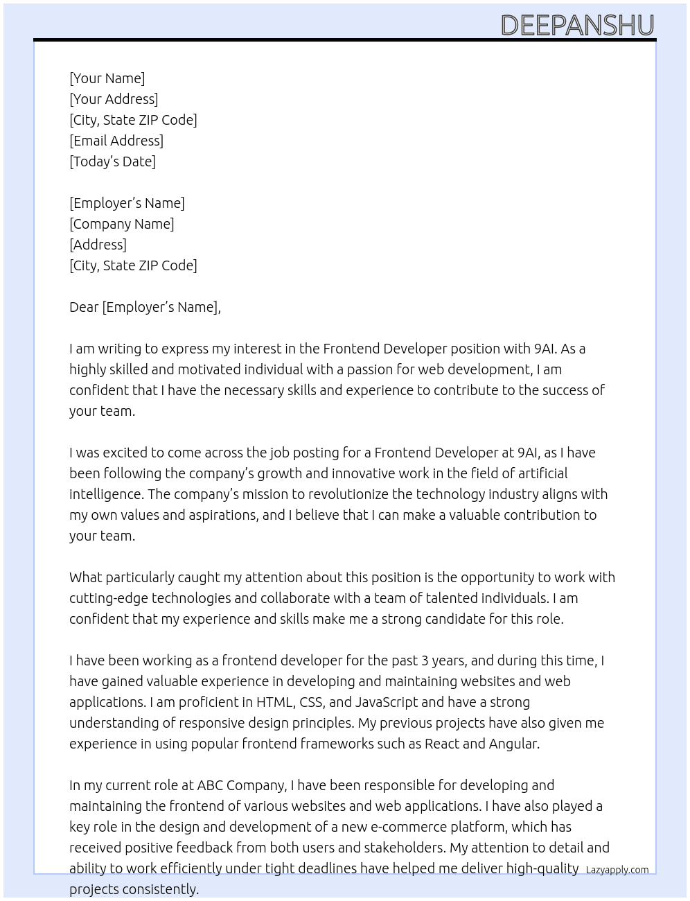 frontend developer At 9AI Cover Letter
